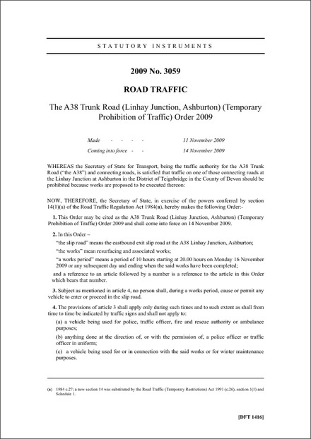 The A38 Trunk Road (Linhay Junction, Ashburton) (Temporary Prohibition of Traffic) Order 2009