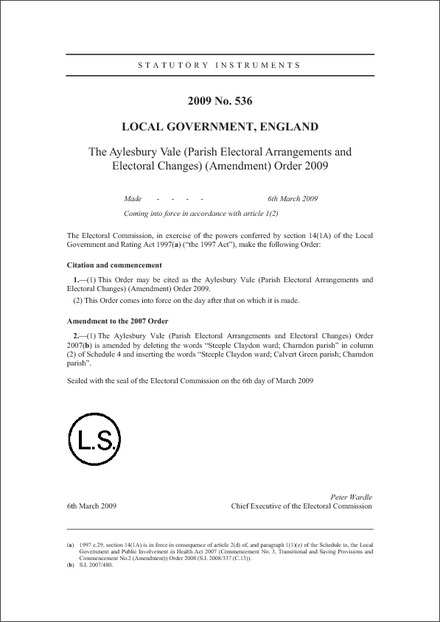 The Aylesbury Vale (Parish Electoral Arrangements and Electoral Changes) (Amendment) Order 2009