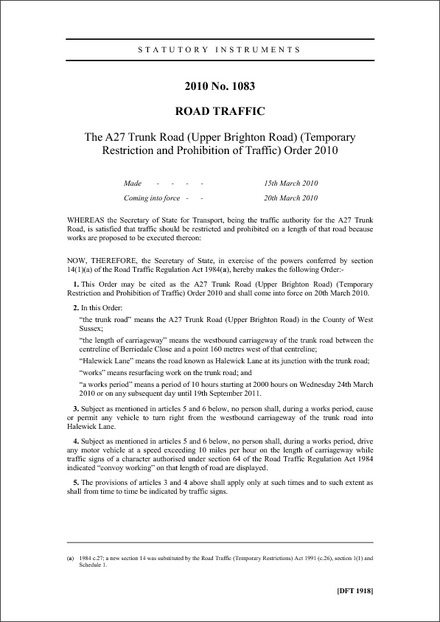 The A27 Trunk Road (Upper Brighton Road) (Temporary Restriction and Prohibition of Traffic) Order 2010