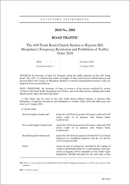 The A49 Trunk Road (Church Stretton to Bayston Hill, Shropshire) (Temporary Restriction and Prohibition of Traffic) Order 2010