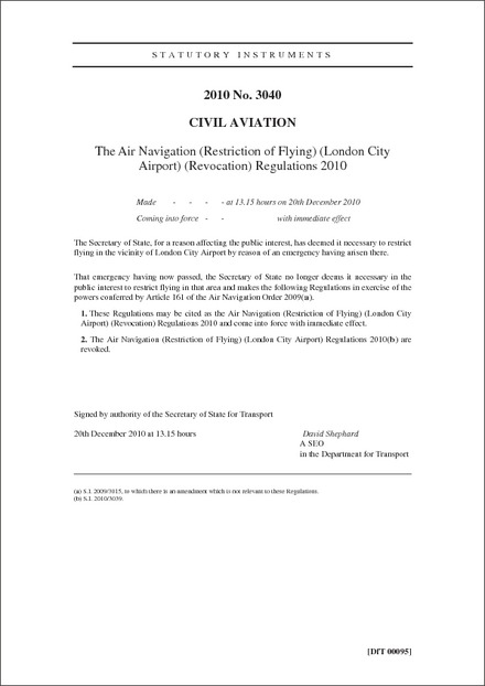 The Air Navigation (Restriction of Flying) (London City Airport) (Revocation) Regulations 2010