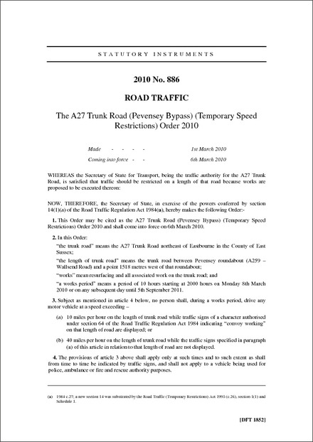 The A27 Trunk Road (Pevensey Bypass) (Temporary Speed Restrictions) Order 2010