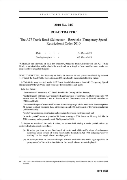 The A27 Trunk Road (Selmeston - Berwick) (Temporary Speed Restrictions) Order 2010