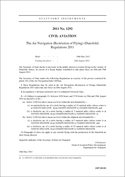 The Air Navigation (Restriction of Flying) (Dunsfold) Regulations 2011