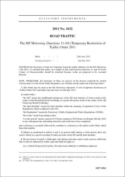 The M5 Motorway (Junctions 11-10) (Temporary Restriction of Traffic) Order 2011