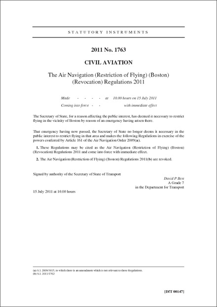 The Air Navigation (Restriction of Flying) (Boston) (Revocation) Regulations 2011
