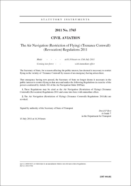 The Air Navigation (Restriction of Flying) (Trenance Cornwall) (Revocation) Regulations 2011