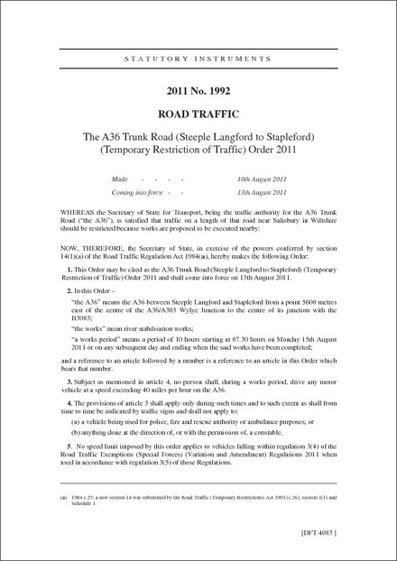 The A36 Trunk Road (Steeple Langford to Stapleford) (Temporary Restriction of Traffic) Order 2011