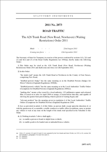 The A26 Trunk Road (New Road, Newhaven) (Waiting Restrictions) Order 2011