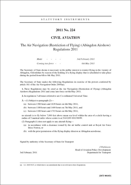 The Air Navigation (Restriction of Flying) (Abingdon Airshow) Regulations 2011