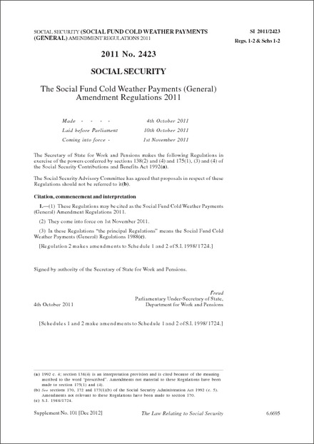 The Social Fund Cold Weather Payments (General) Amendment Regulations 2011