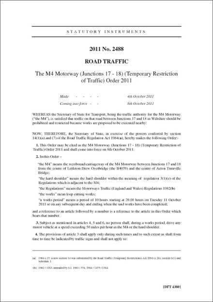 The M4 Motorway (Junctions 17 - 18) (Temporary Restriction of Traffic) Order 2011