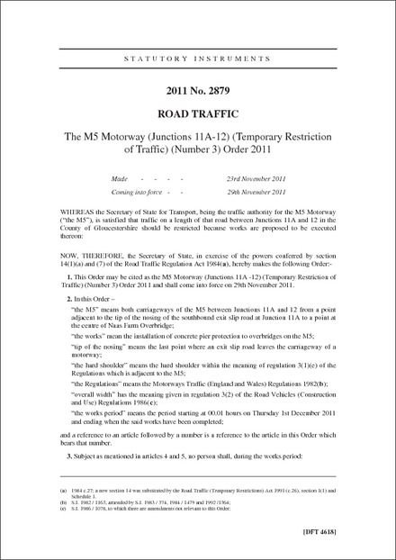 The M5 Motorway (Junctions 11A-12) (Temporary Restriction of Traffic) (Number 3) Order 2011