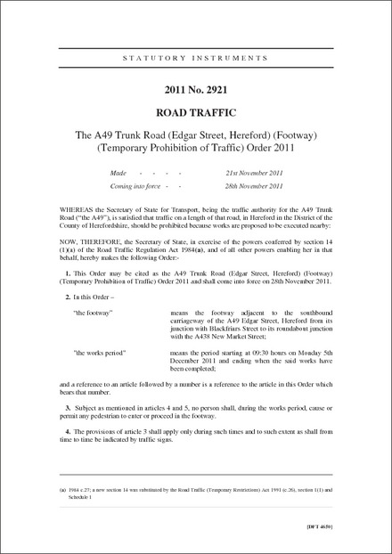 The A49 Trunk Road (Edgar Street, Hereford) (Footway) (Temporary Prohibition of Traffic) Order 2011