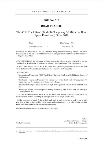 The A259 Trunk Road (Bexhill) (Temporary 50 Miles Per Hour Speed Restriction) Order 2011