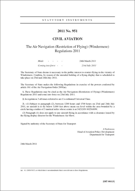 The Air Navigation (Restriction of Flying) (Windermere) Regulations 2011