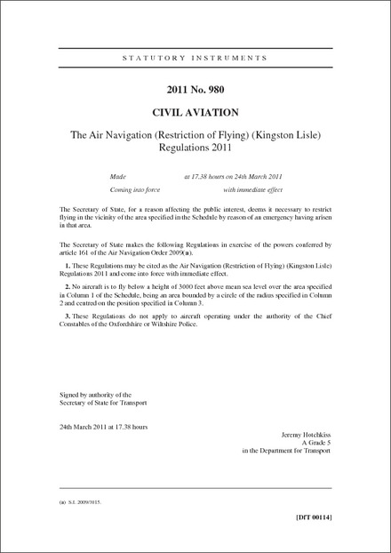 The Air Navigation (Restriction of Flying) (Kingston Lisle) Regulations 2011