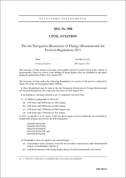 The Air Navigation (Restriction of Flying) (Bournemouth Air Festival) Regulations 2011