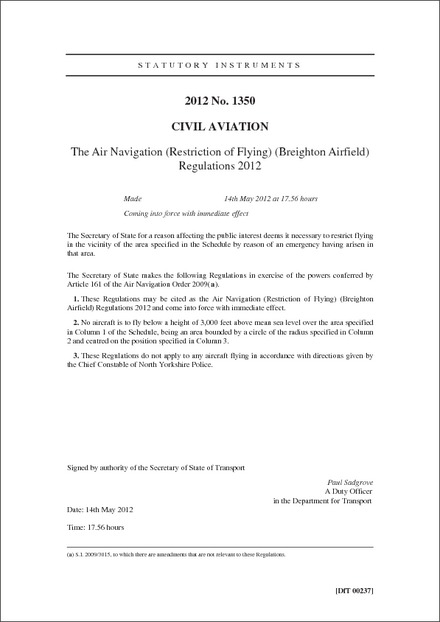 The Air Navigation (Restriction of Flying) (Breighton Airfield) Regulations 2012
