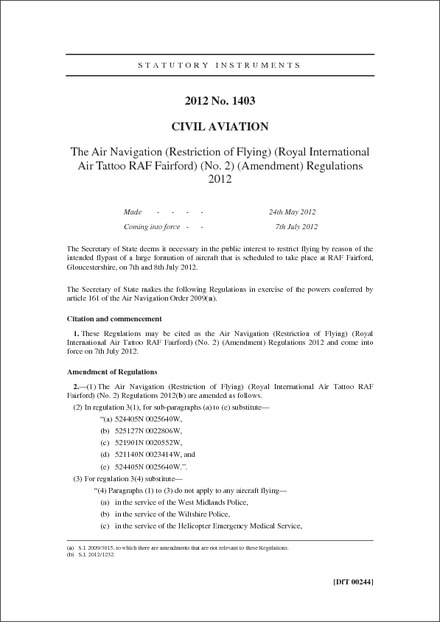 The Air Navigation (Restriction of Flying) (Royal International Air Tattoo RAF Fairford) (No. 2) (Amendment) Regulations 2012