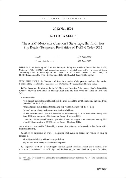 The A1(M) Motorway (Junction 7 Stevenage, Hertfordshire) Slip Roads (Temporary Prohibition of Traffic) Order 2012