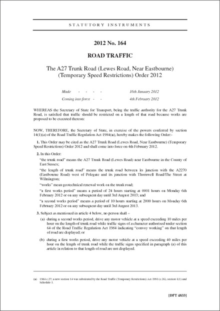 The A27 Trunk Road (Lewes Road, Near Eastbourne) (Temporary Speed Restrictions) Order 2012