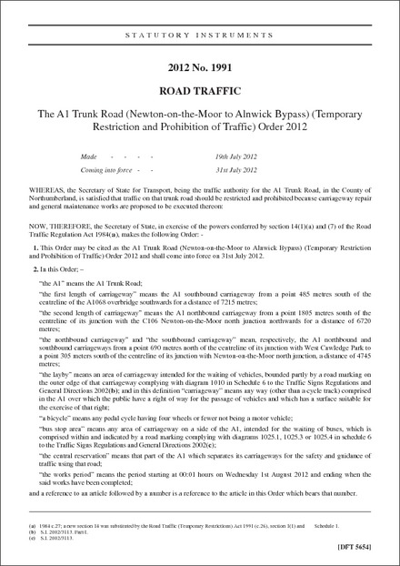 The A1 Trunk Road (Newton-on-the-Moor to Alnwick Bypass) (Temporary Restriction and Prohibition of Traffic) Order 2012
