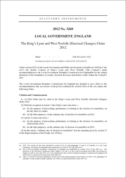 The King's Lynn and West Norfolk (Electoral Changes) Order 2012