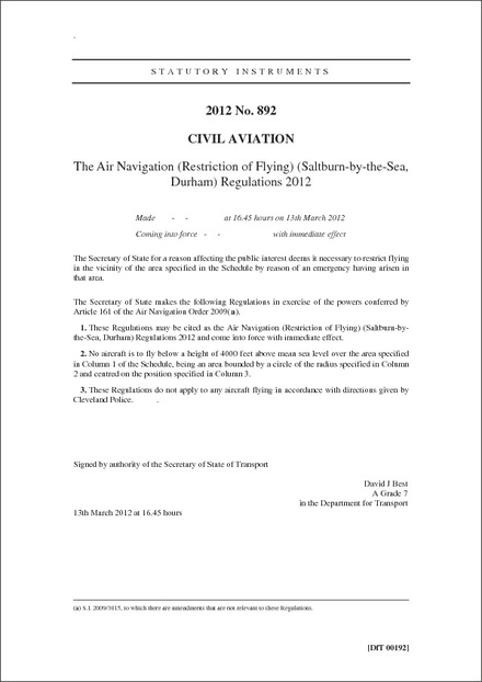 The Air Navigation (Restriction of Flying) (Saltburn-by-the-Sea, Durham) Regulations 2012