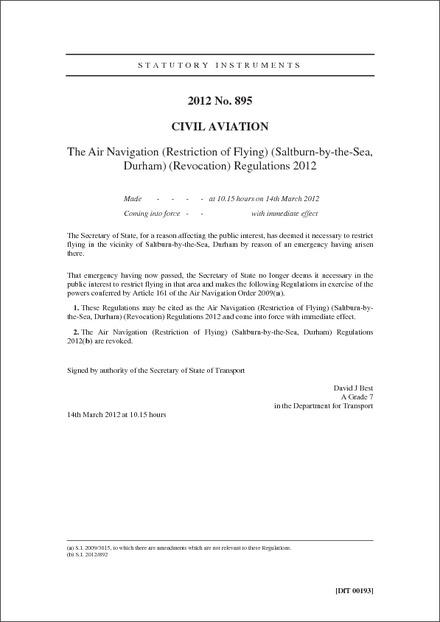 The Air Navigation (Restriction of Flying) (Saltburn-by-the-Sea, Durham) (Revocation) Regulations 2012