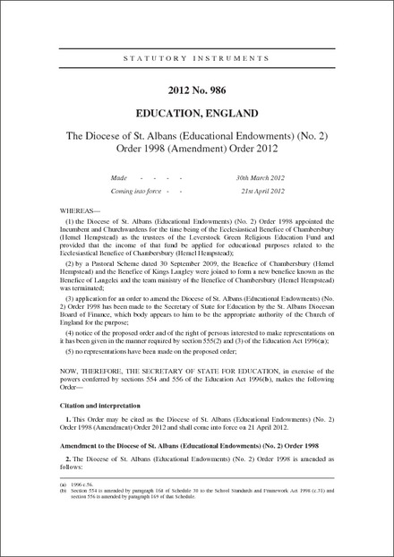 The Diocese of St. Albans (Educational Endowments) (No. 2) Order 1998 (Amendment) Order 2012