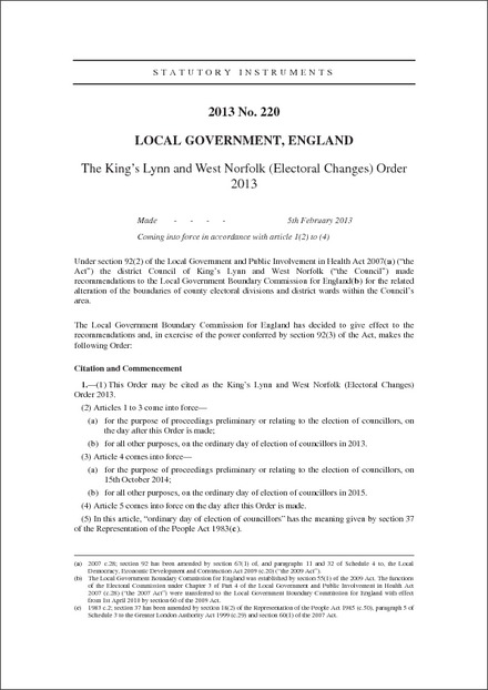 The King's Lynn and West Norfolk (Electoral Changes) Order 2013
