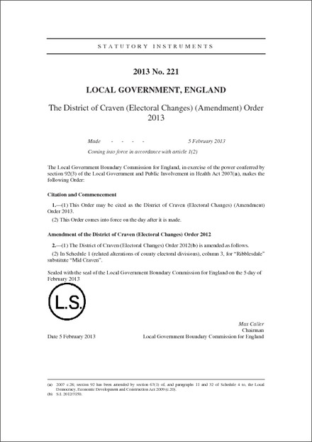 The District of Craven (Electoral Changes) (Amendment) Order 2013