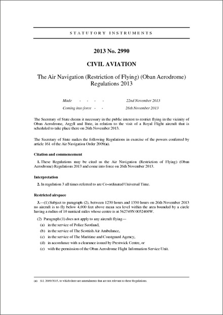The Air Navigation (Restriction of Flying) (Oban Aerodrome) Regulations 2013