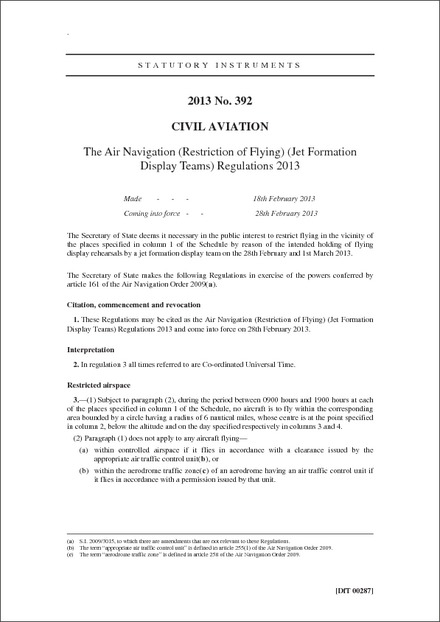 The Air Navigation (Restriction of Flying) (Jet Formation Display Teams) Regulations 2013