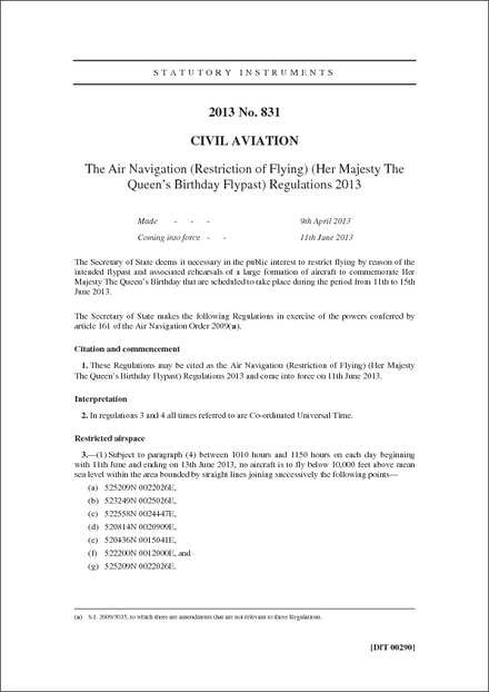 The Air Navigation (Restriction of Flying) (Her Majesty The Queen's Birthday Flypast) Regulations 2013