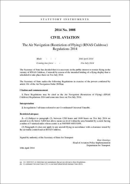 The Air Navigation (Restriction of Flying) (RNAS Culdrose) Regulations 2014