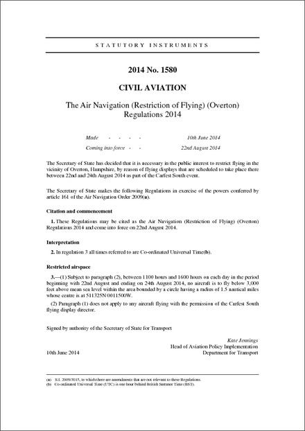The Air Navigation (Restriction of Flying) (Overton) Regulations 2014