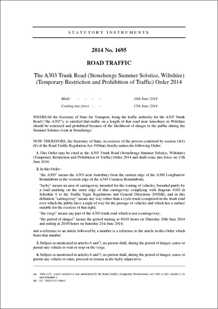 The A303 Trunk Road (Stonehenge Summer Solstice, Wiltshire) (Temporary Restriction and Prohibition of Traffic) Order 2014