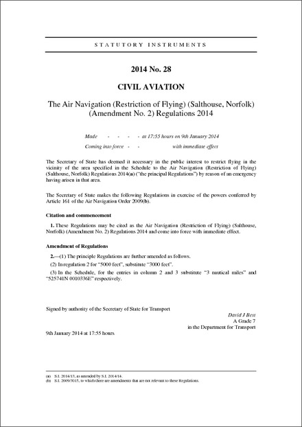 The Air Navigation (Restriction of Flying) (Salthouse, Norfolk) (Amendment No. 2) Regulations 2014