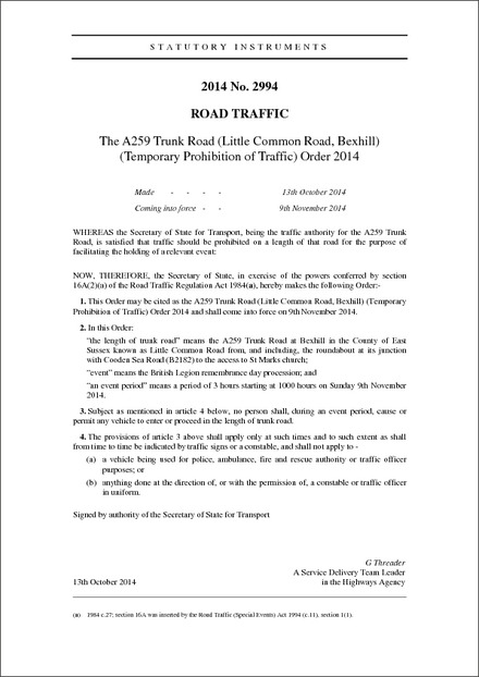The A259 Trunk Road (Little Common Road, Bexhill) (Temporary Prohibition of Traffic) Order 2014