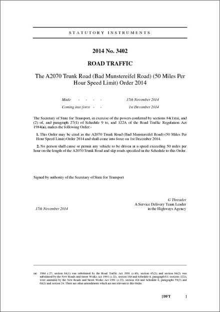 The A2070 Trunk Road (Bad Munstereifel Road) (50 Miles Per Hour Speed Limit) Order 2014