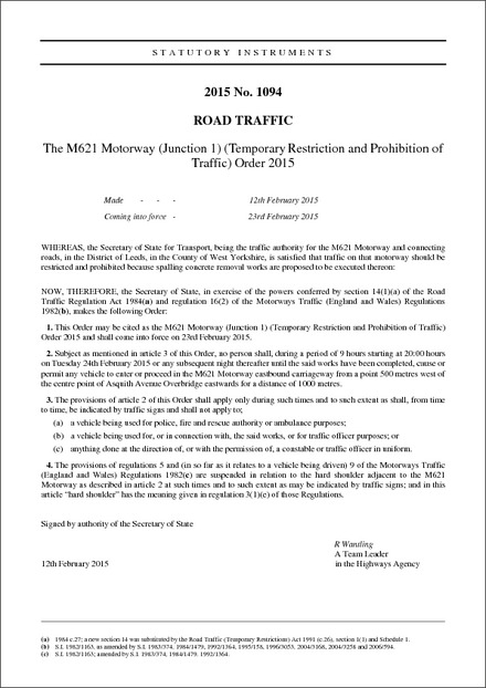The M621 Motorway (Junction 1) (Temporary Restriction and Prohibition of Traffic) Order 2015