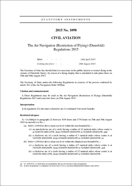 The Air Navigation (Restriction of Flying) (Dunsfold) Regulations 2015