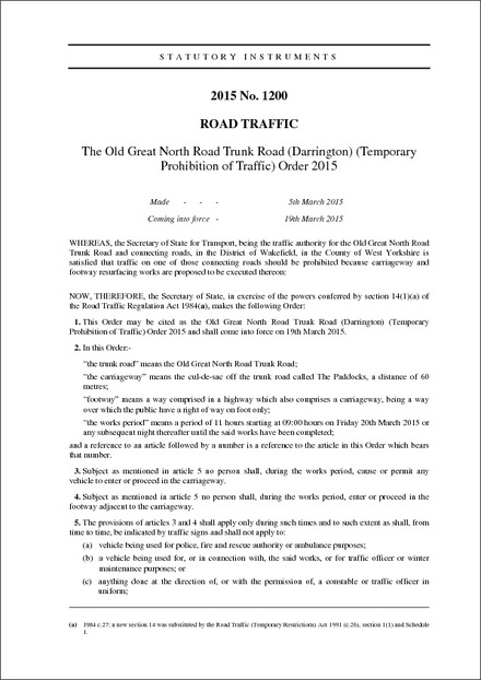 The Old Great North Road Trunk Road (Darrington) (Temporary Prohibition of Traffic) Order 2015