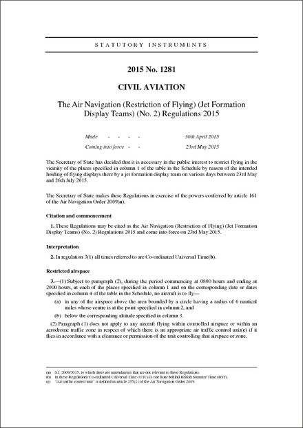 The Air Navigation (Restriction of Flying) (Jet Formation Display Teams) (No. 2) Regulations 2015