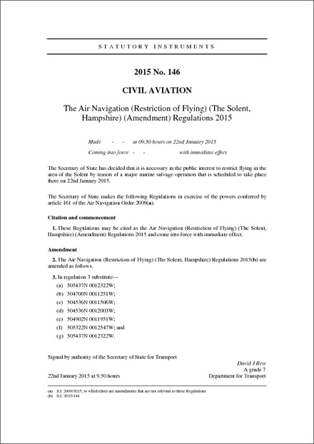 The Air Navigation (Restriction of Flying) (The Solent, Hampshire) (Amendment) Regulations 2015