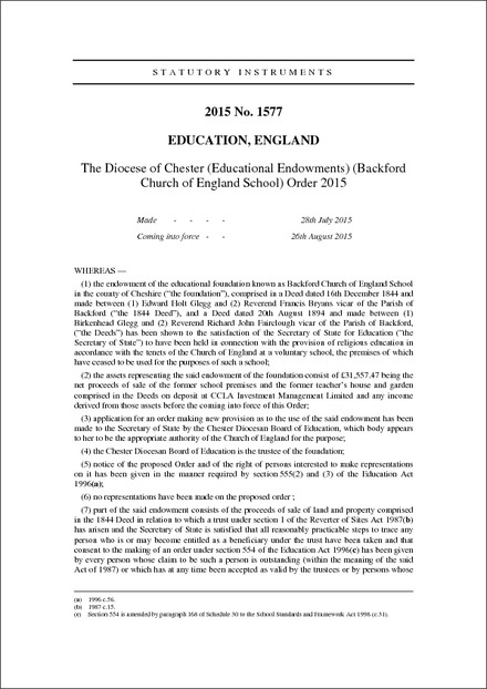 The Diocese of Chester (Educational Endowments) (Backford Church of England School) Order 2015