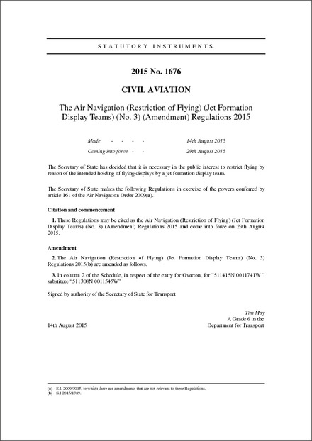 The Air Navigation (Restriction of Flying) (Jet Formation Display Teams) (No. 3) (Amendment) Regulations 2015