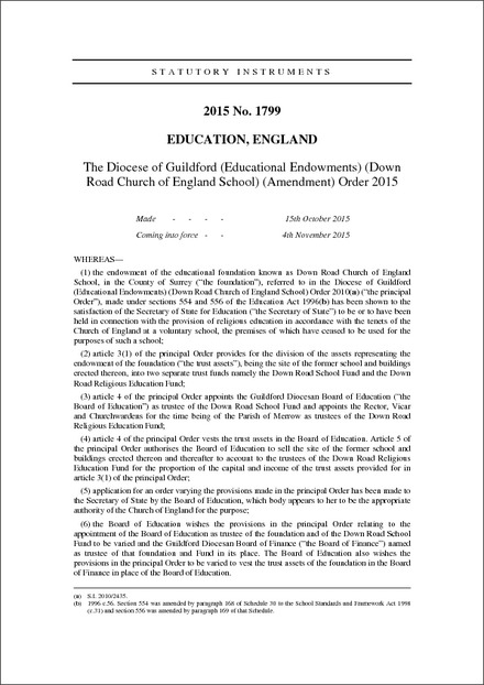The Diocese of Guildford (Educational Endowments) (Down Road Church of England School) (Amendment) Order 2015